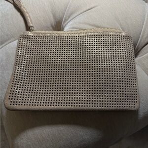 Monserat De Lucca Metallic Cream Perforated Wristlet Clutch